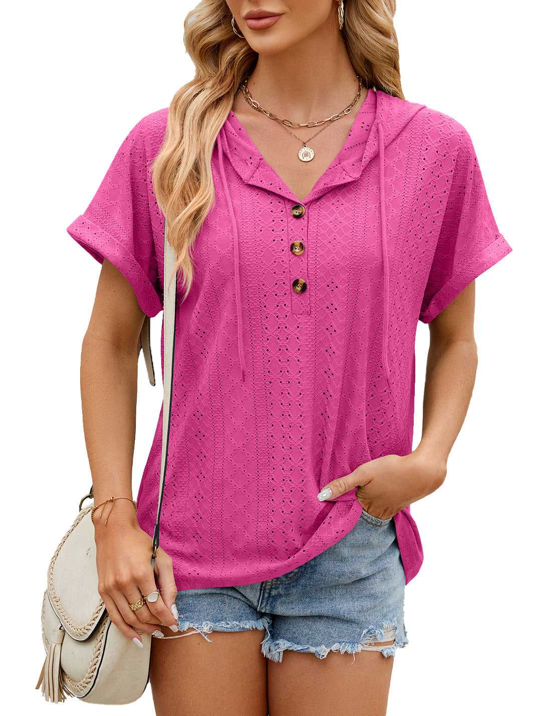 Women Short-sleeved Color Hooded Button T-shirt