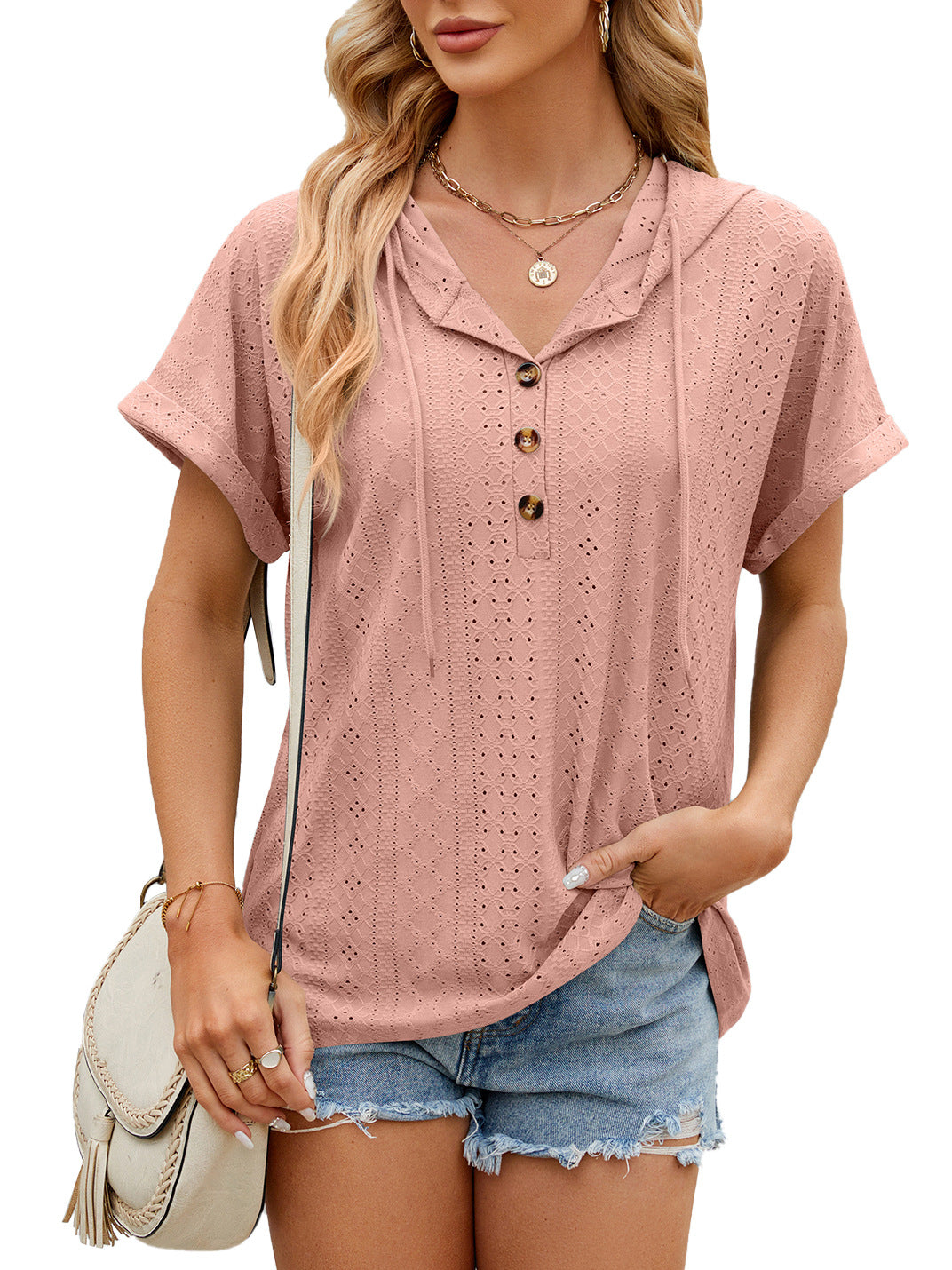 Women Short-sleeved Color Hooded Button T-shirt