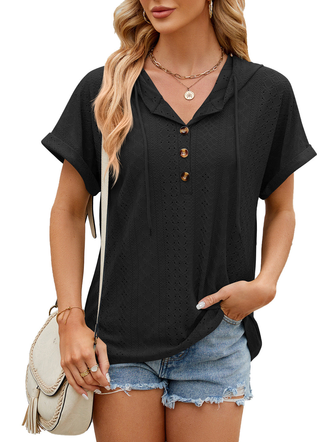 Women Short-sleeved Color Hooded Button T-shirt