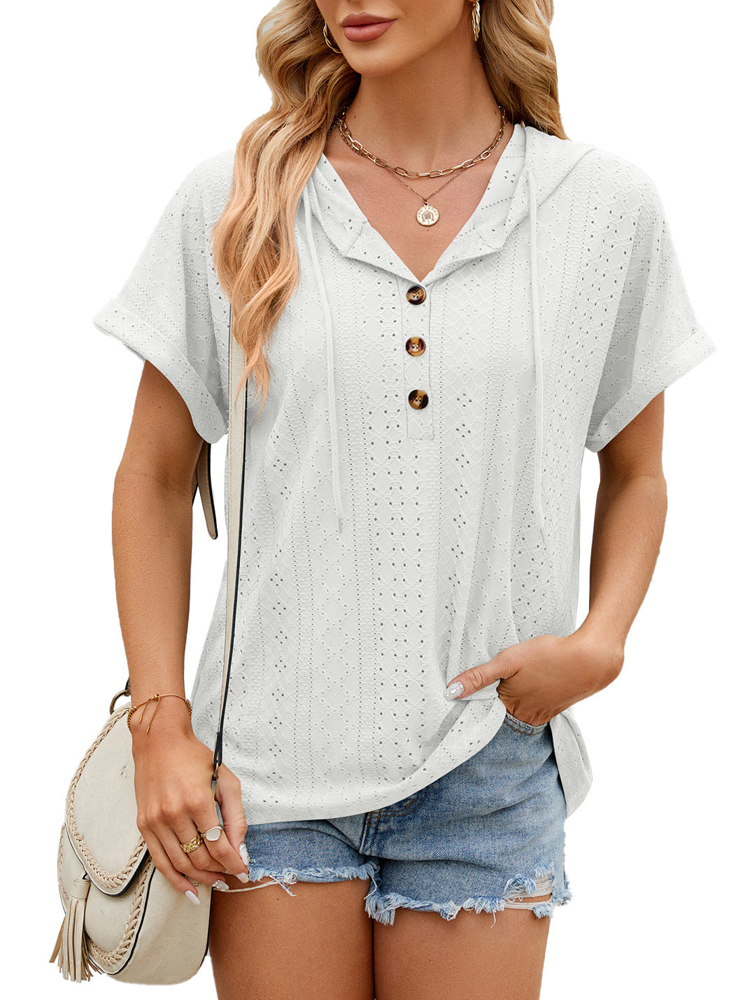 Women Short-sleeved Color Hooded Button T-shirt