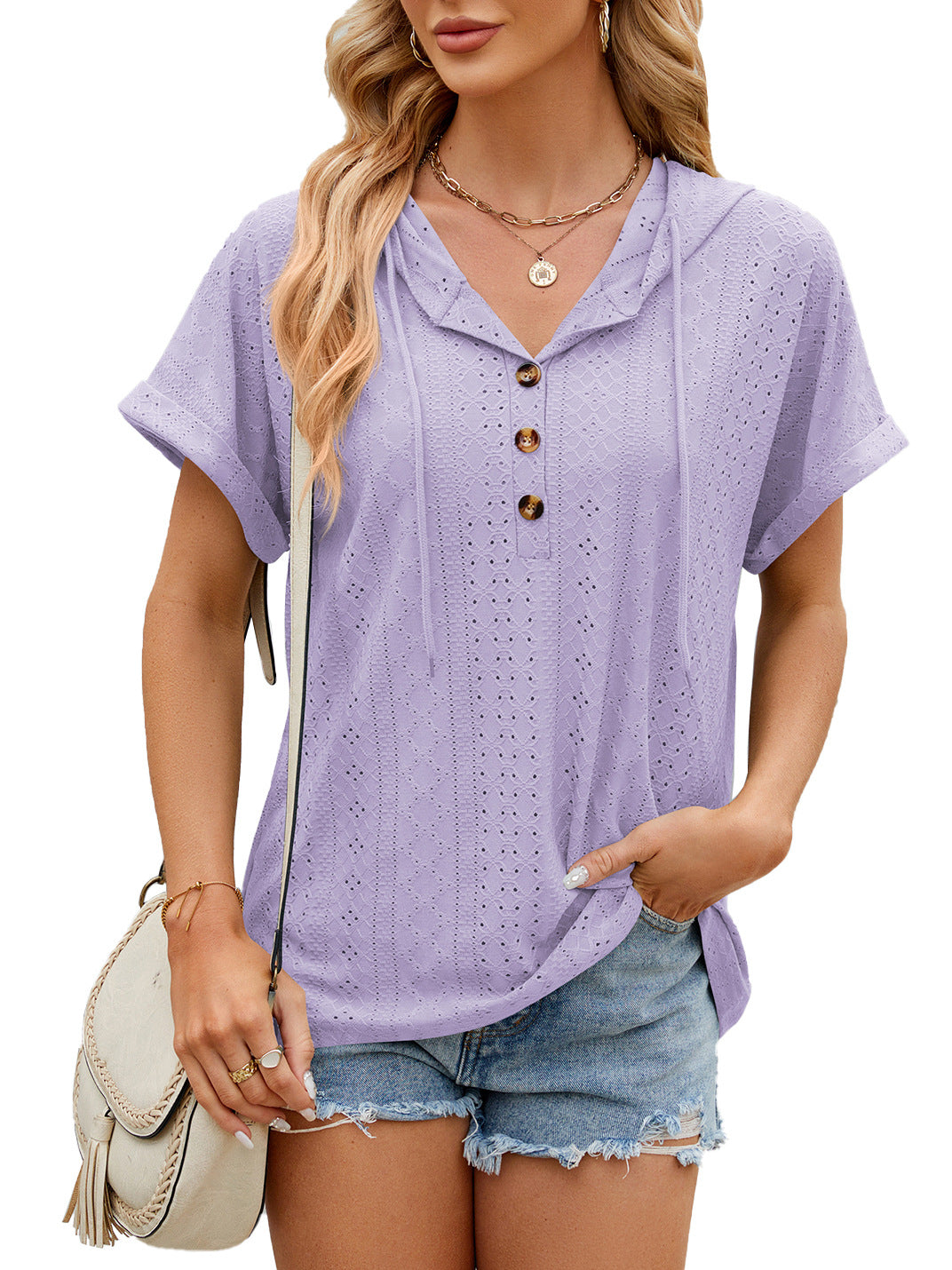 Women Short-sleeved Color Hooded Button T-shirt