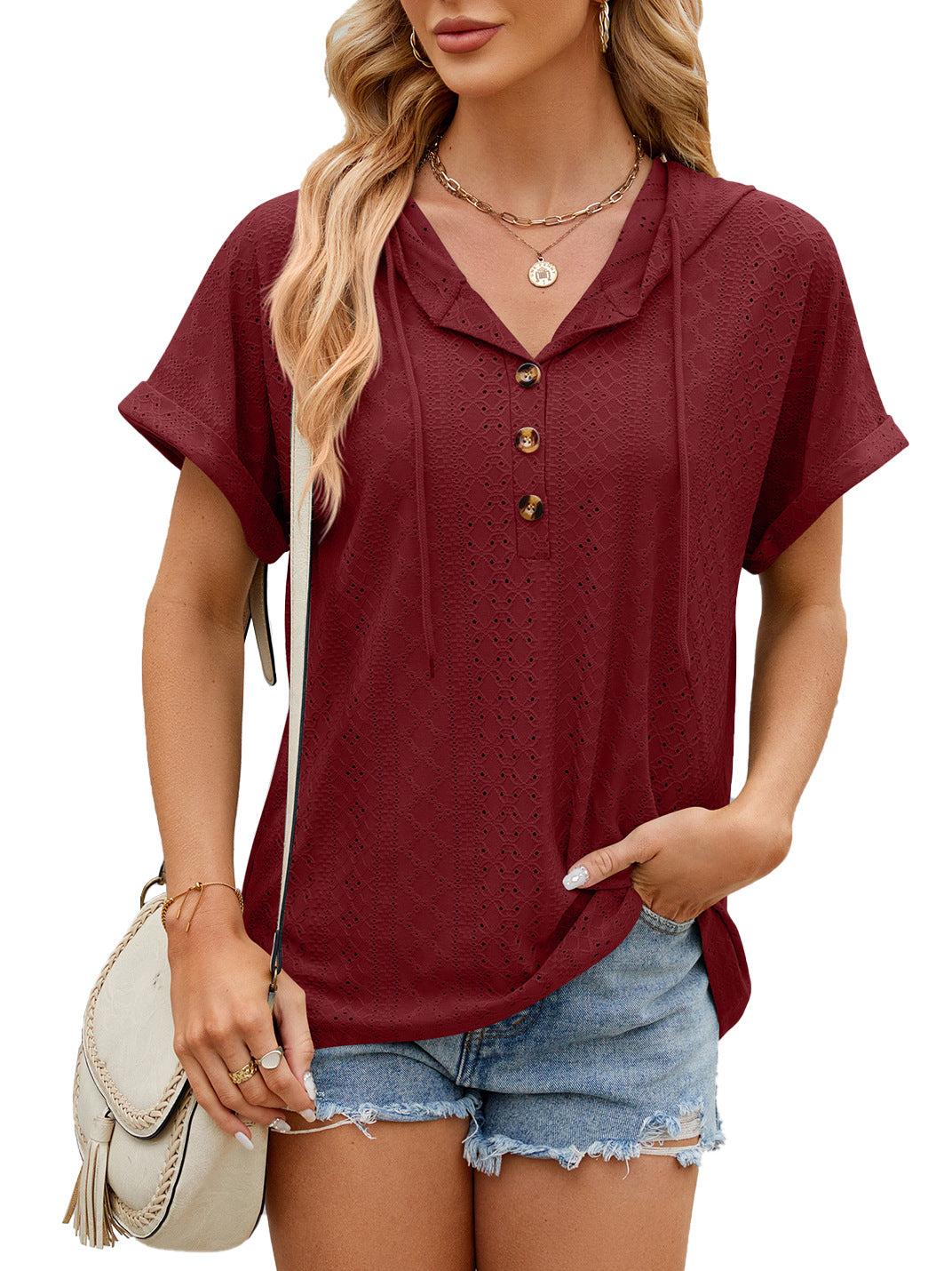 Women Short-sleeved Color Hooded Button T-shirt