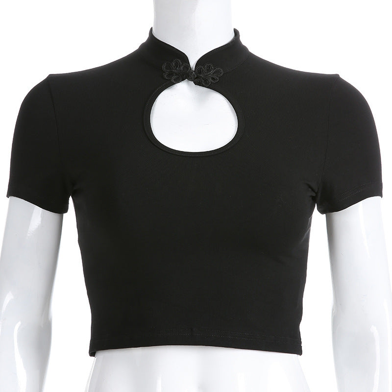 sexy openwork button collar T-shirt tops