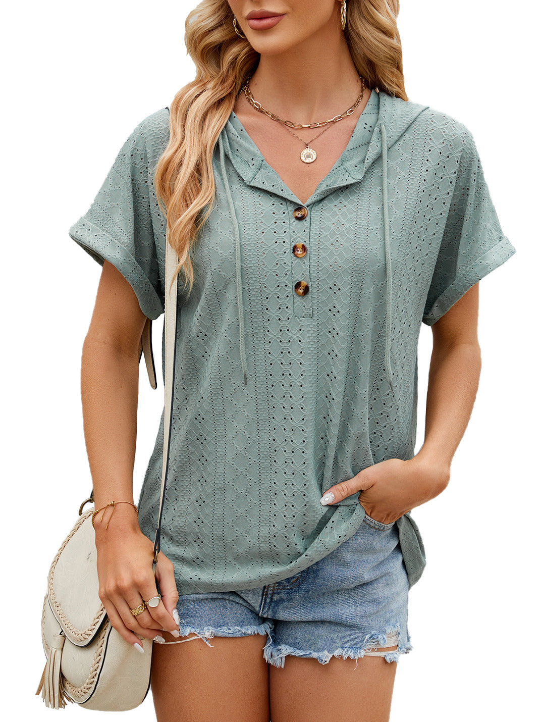 Women Short-sleeved Color Hooded Button T-shirt