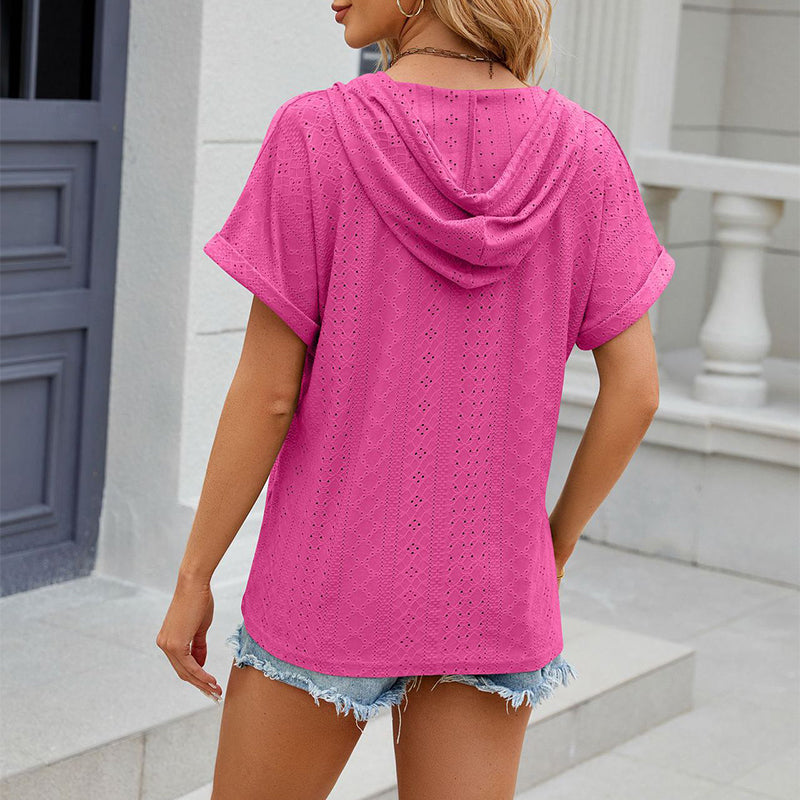 Women Short-sleeved Color Hooded Button T-shirt