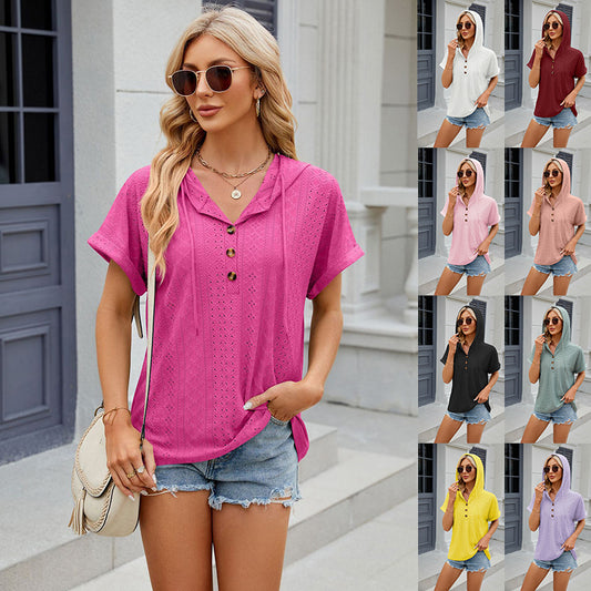 Women Short-sleeved Color Hooded Button T-shirt